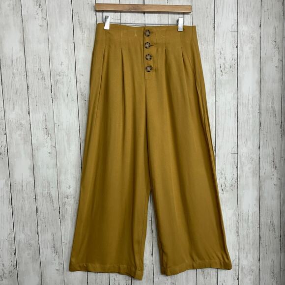 Shinestar Mustard Yellow Flowy Button Accent Cropped Wide Leg Lightweight Pants - Picture 1 of 9